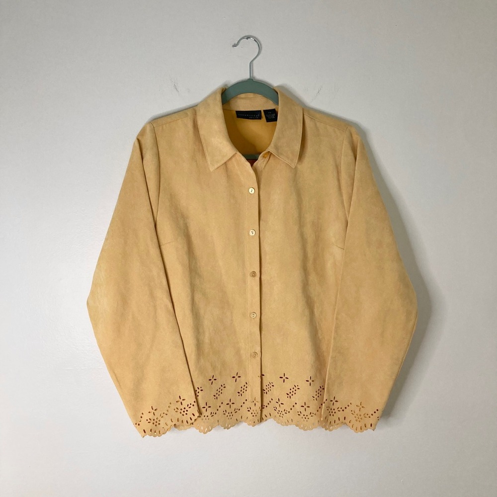 VTG Relativity Yellow Faux Suede Laser Cut Eyelet Hem Button Down Shirt Boho PM